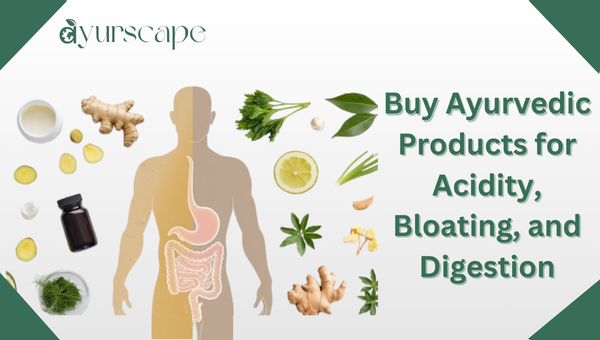 Buy Ayurvedic Products for Acidity, Bloating, and Digestion - Graphic of human digestive system with ayurvedic elements