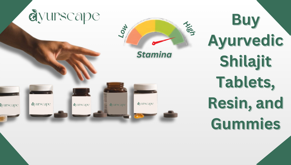 Buy Ayurvedic Shilajit Tablets, Resin, and Gummies - Multiple shilajit bottles and energy meter which is high