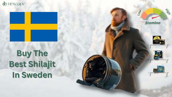Buy Best Shilajit in Sweden - Shilajit Bottle with an energetic Swedish man standing in the back in a snowy area
