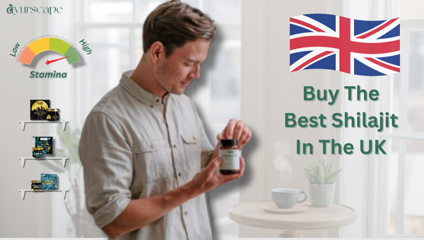 Buy The Best Shilajit in The UK - Man Holding Shilajit Bottle with multiple shilajit and UK flag in Background