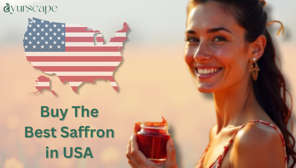 Buy The Best Saffron in USA - Woman holding saffron with background being saffron fields and US's Flag
