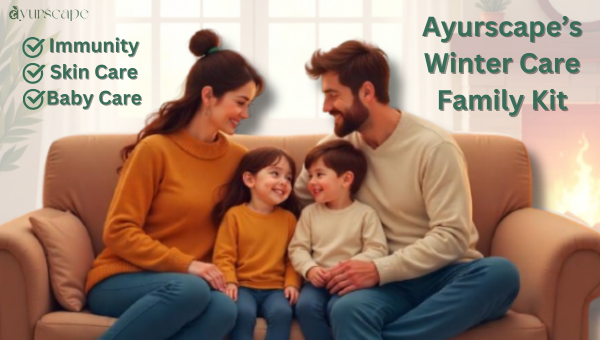 Ayurscape Winter Care Kit - Family of 4 sitting together on sofa with warm clothing and surrounding due to winter