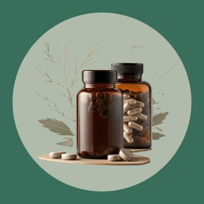 Ayurvedic Tablets and Capsules - Picture of ayurvedic tablets and capsules with green background