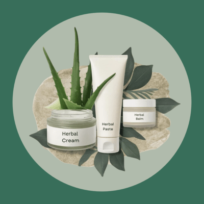 Ayurvedic Herbal Creams - Picture of ayurvedic ointments and pain balms with green background