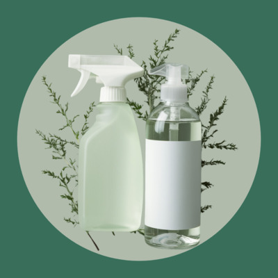 Ayurvedic Household Cleaning Products - Picture of cleaning sprays and eco-friendly products with green background
