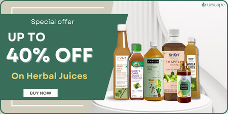 Ayurscape- Herbal Juices Offer banner upto 40% off, An image containing multiple juices